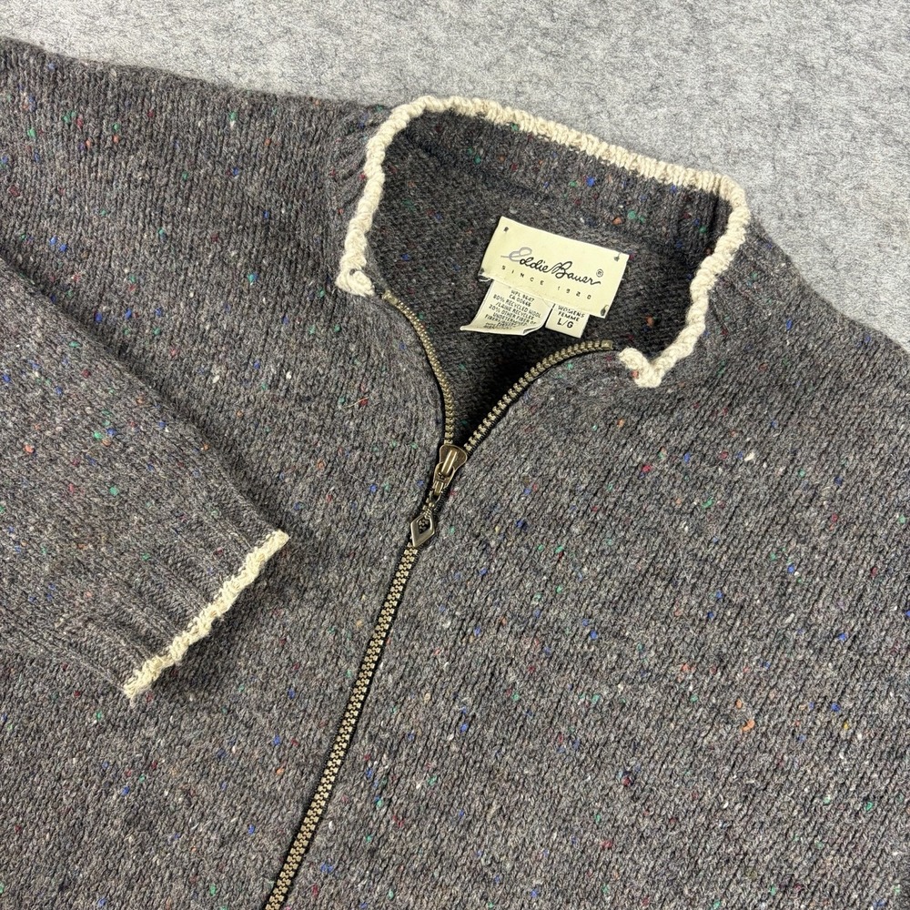 Vintage Eddie Bauer Wool Cardigan Sweater Women's Large Full Zip Flecked Cropped